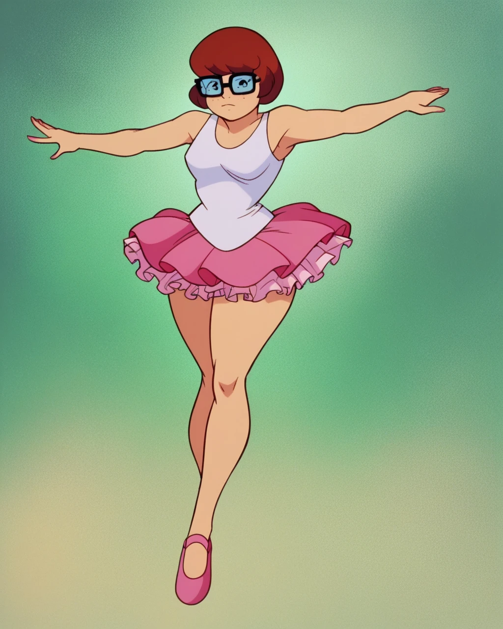 velmaXL, pink tutu dress, frilly tutu, posing, legs together, ballet slippers, thicc thighs, front view, solo, white panties, 2D cartoon, sleeveless top, glasses