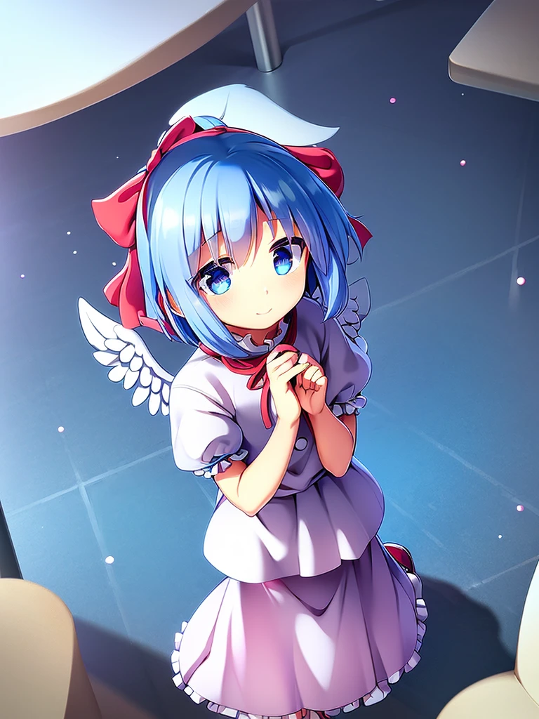 masterpiece, best quality, 1girl, , , 10 years old, medium blue hair, hair flaps, pink ribbon on head, well-formed face, blue eyes, angel girl, white blouse, puffy short sleeves, red ribbon, angel wings, long white skirt, red shoes, frills, ribbon head