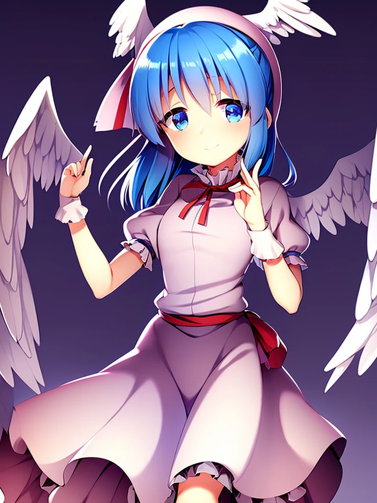 masterpiece, best quality, 1girl, , , 10 years old, medium blue hair, hair flaps, pink ribbon on head, well-formed face, blue eyes, angel girl, white blouse, puffy short sleeves, red ribbon, angel wings, long white skirt, red shoes, frills, ribbon head