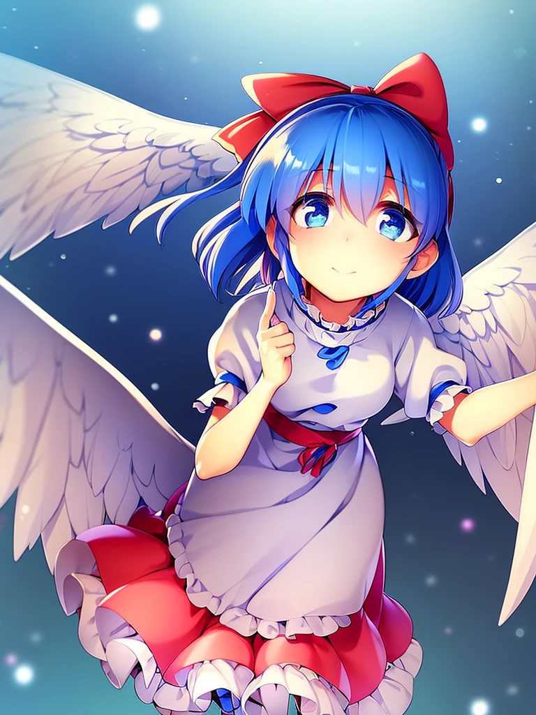 masterpiece, best quality, 1girl, , , 10 years old, medium blue hair, hair flaps, pink ribbon on head, well-formed face, blue eyes, angel girl, white blouse, puffy short sleeves, red ribbon, angel wings, long white skirt, red shoes, frills, ribbon head