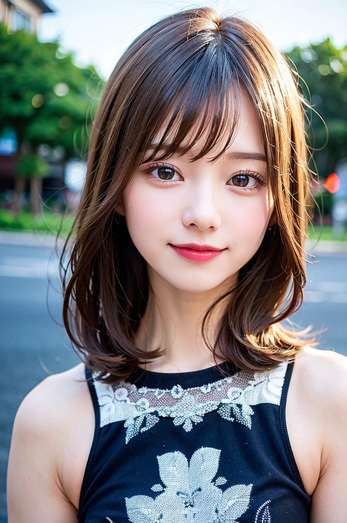 (8K, Raw photo:1.2), Detailed face and eyes,Best Quality, 超A high resolution, Highly detailed ,intricate detailes ,masutepiece ,Cute Girl , smiling, Soft cinematic light, Hyper-detailing,Sharp Focus, High quality, Blonde hair, bob cuts, The background is blue sky, Blurred Background, Particles of light, Strong winds,