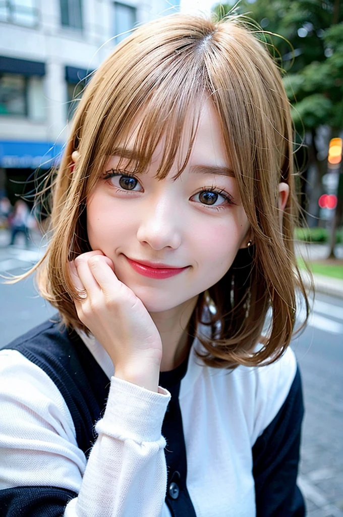 (8K, Raw photo:1.2), Detailed face and eyes,Best Quality, 超A high resolution, Highly detailed ,intricate detailes ,masutepiece ,Cute Girl , smiling, Soft cinematic light, Hyper-detailing,Sharp Focus, High quality, Blonde hair, bob cuts,   The background is blue sky, Blurred Background, Particles of light, Strong winds,