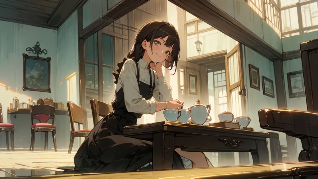 Stylish cafe、Anime Style、Freshly Brewed Coffee、Delicious looking baked goods、Relaxed atmosphere、Cozy atmosphere、Beautiful girl with dark hair sitting and drinking coffee、Wearing a dress、smile、Warm Light、avert your eyes、Ghibli style