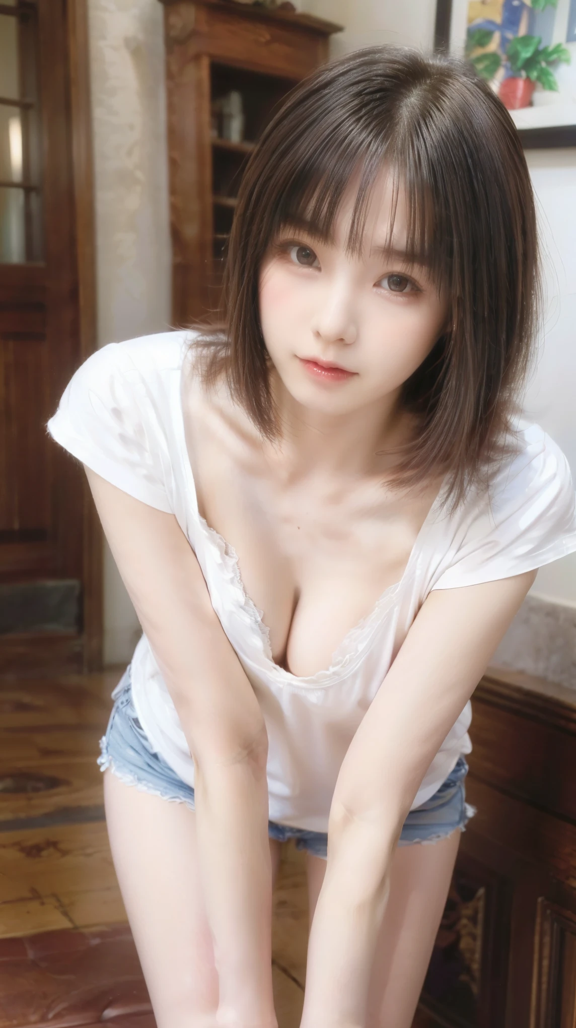 ((masterpiece,Highest quality;1.3,Best illustrations)), ((18-year-old girl, Big Breasts, Very slim:1.2)), (Leaning forward, Down blouse:1.4), Black Hair, Bobcut, open forehead, Genuine young gravure idol, Surreal,Provocative,((Beautiful Skin)),((Skin Texture)),((Real Touch)), healthy, unreddish skin