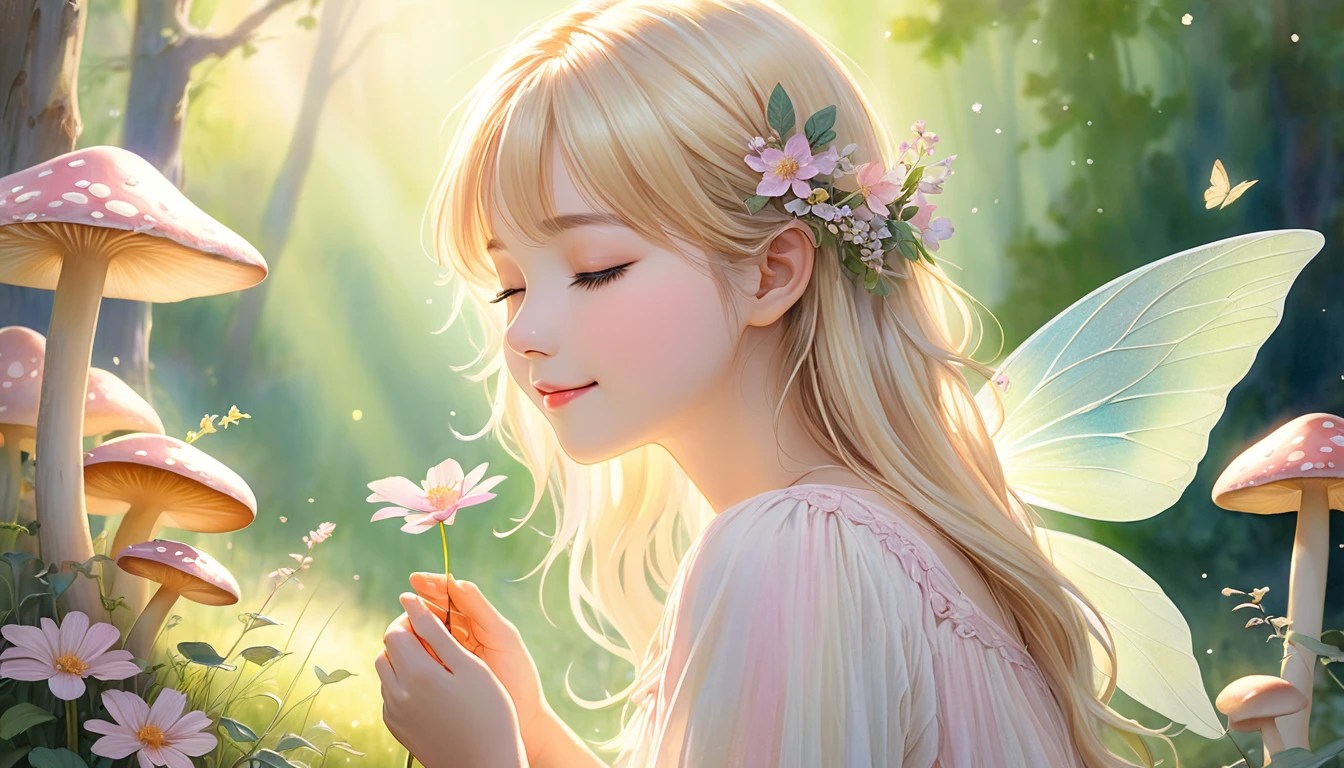 title: "Ethereal Whispers: Gentle smile" Art Style: Colored pencil drawing - texture: soft and ethereal, A color palette with a focus on subtle shading: Pastel tones with emphasis on light pink and light gold, Light yellow and light pink express transparency and gentleness: - The name of the piece: 優しい表情を持つ金髪の小さな妖精がキノコの家の前で目を閉じて神にpray様子のフルショットポートレート,Girl picking flowers, Side View - Features: Delicately defined, Emphasizing the transparency, purity, youthfulness, and large fairy wings of the subject - Expression: Subtleties, Gentle smile, Communicating Inner Peace and Contentment - Eyes: softly closed or gazing downwards, A fairy with her eyes closed and a slight smile,Increases feelings of introspection and calm,Large, deep, dark blue eyes,Gazing into the distance - Hair: Light and airy, Fine hairs highlighted by sunlight, Increase transparency,Blonde Hair - Background: Blurred, Dreamy Background,Light Green Background - Elements: Reminiscent of a serene natural landscape, Soft focus pink mushroom house watercolor like,The background features a huge fairy house several times the size of a fairy.,Large fairy house backdrop - lighting: soft, Diffuse light illuminating the subject&#39;s face, Emphasise transparency and purity of expression: Peaceful and introspective, Capturing moments of quiet joy and ethereal beauty,Highest quality,Top quality exquisite and realistic fairy wings,soft光を放つ大きな妖精の翼,1 Female,Cute Fairy,Smiling Angel,A fairy wearing a long-sleeved white blouse,Lolita,Long sleeve blouse,Fairy wearing western clothes,Close up of hands,pray妖精,meditation,pray,Bright landscape,A gentle gaze,love,mercy,Smiling fairy,rainbow,Top quality masterpiece, Highest quality and official artistic standards, A beautiful and visually stunning angel,This piece is very ingenious, rich in color, Exquisitely crafted down to the last detail, Vibrant fairy, Fairy in motion,Blonde Hair
