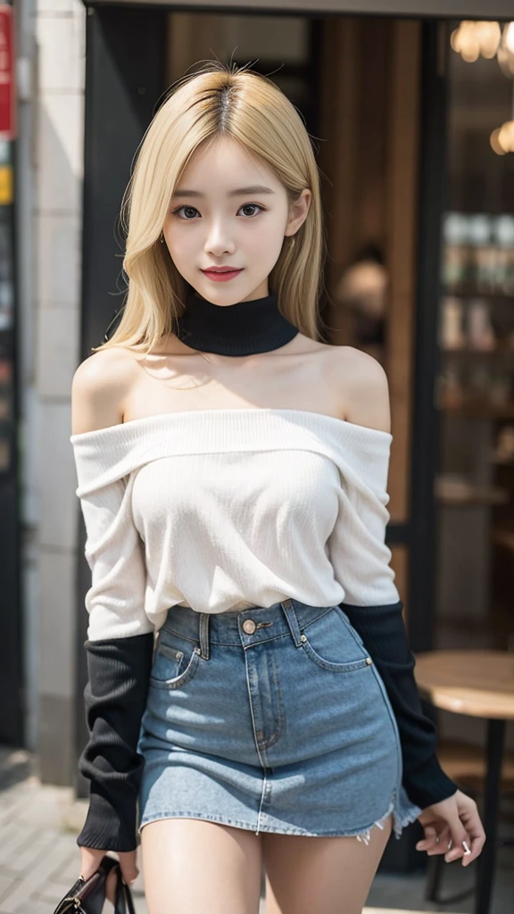 Taiwanese women,Female Model,Slim,Good shape,HD, off-shoulder shirts , mini skirt,Knee-high boots,blond
