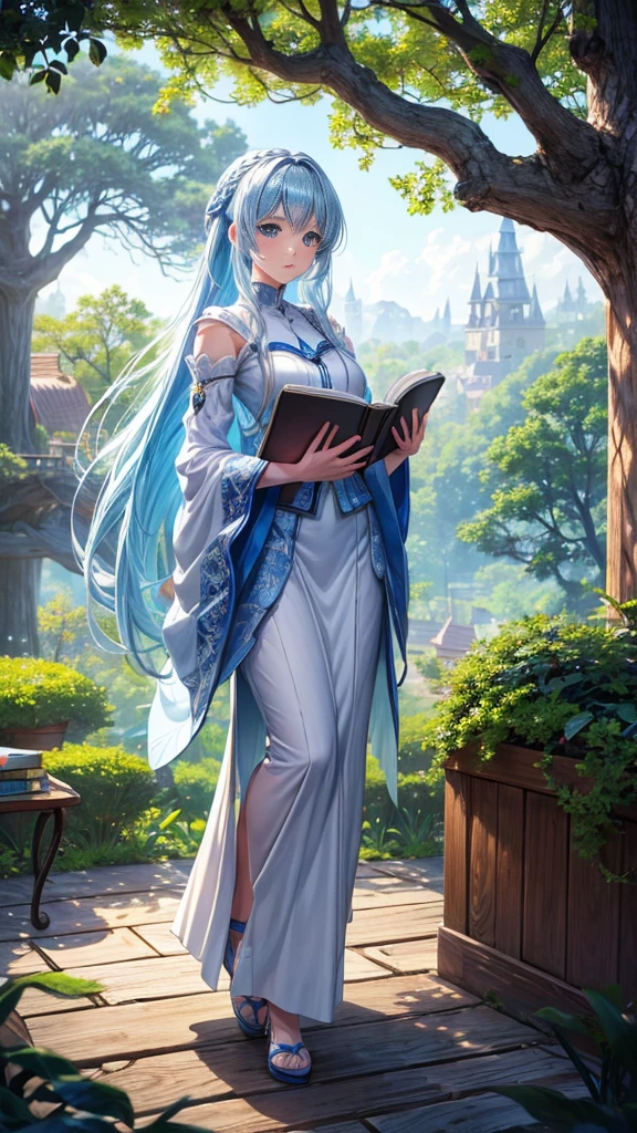 (full body:1.3), best quality, masterpiece, ultra detailed, detailed, hyper detailed, White background, Beautiful standing figure, (Blue Hair Anime Girl,Treehouse,Reading a book,Soft night light),(figure),Detailed Background,High resolution, High resolution, Vibrant colors, Serene atmosphere