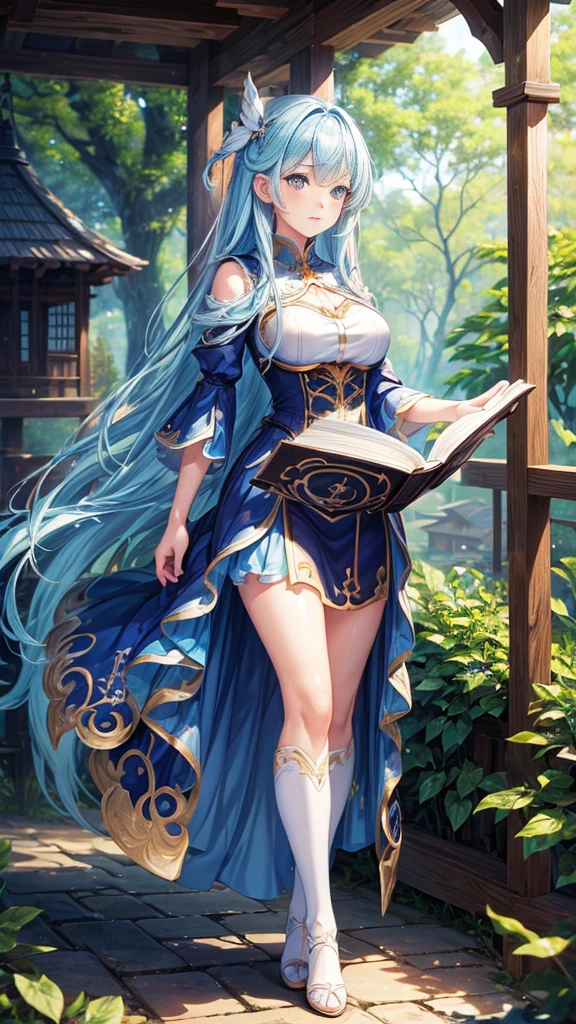 (full body:1.3), best quality, masterpiece, ultra detailed, detailed, hyper detailed, White background, Beautiful standing figure, (Blue Hair Anime Girl,Treehouse,Reading a book,Soft night light),(figure),Detailed Background,High resolution, High resolution, Vibrant colors, Serene atmosphere