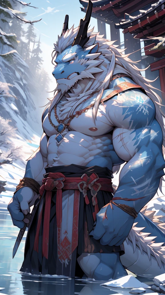 (masterpiece),(highres),(intricate details:1.4),extremely detailed,(illustration:1.2),8k,photorealistic,exquisite,solo,aged,elder male eastern dragon,muscular,Japanese swordsman,safeguard,manhood ,(white hair:1.3),long hair,long white beard,scar,badly damaged,hurt,broken body ,the icey frozen lake,bleeding ,suffering,naked body