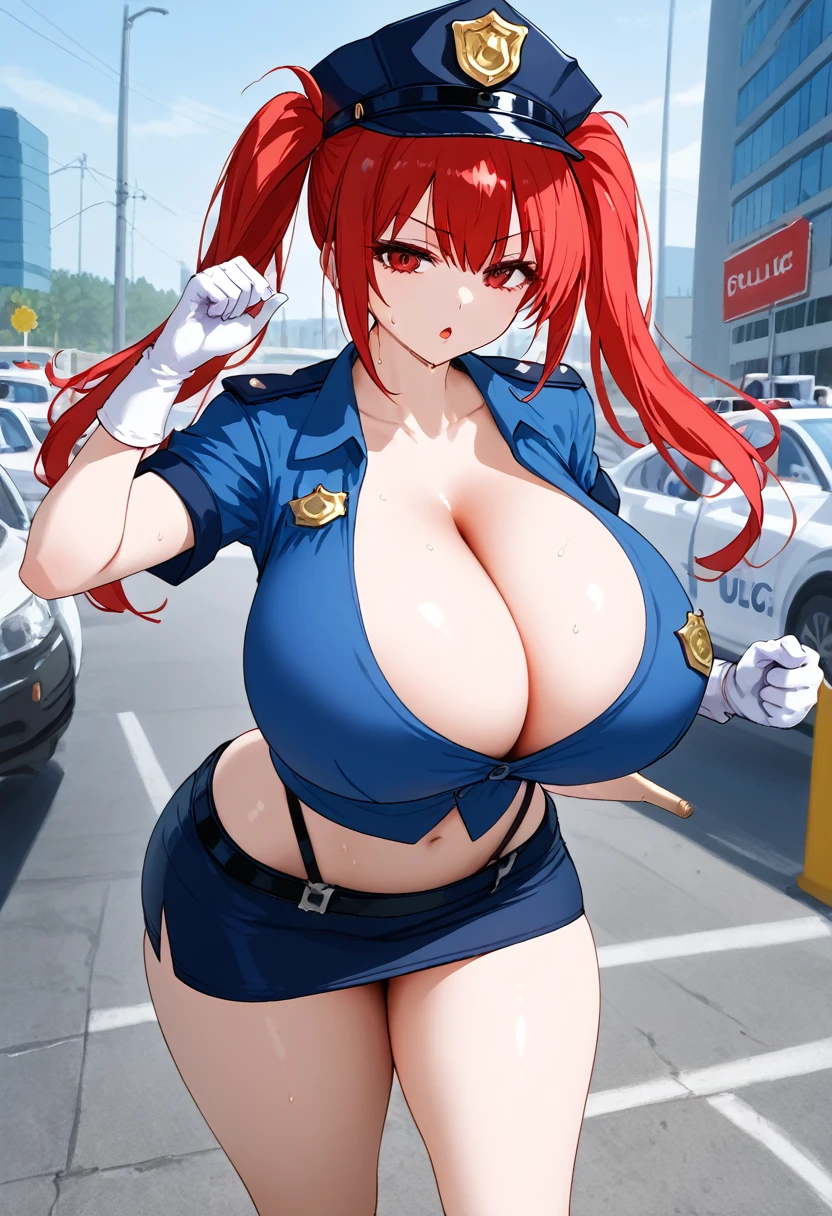 8k, RAW photo, best quality, masterpiece:1.2, twintails, red eyes, micro pencil skirt, police shirt, huge breasts, cleavage, breasts, sweating, thighs,thicc, white gloves, police cap, standing, dynamic pose