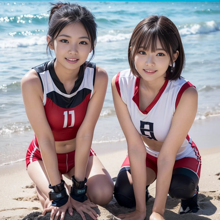 15 year old Japanese girl, short hair, Beach Volleyball, cute, smile, Thigh close-up