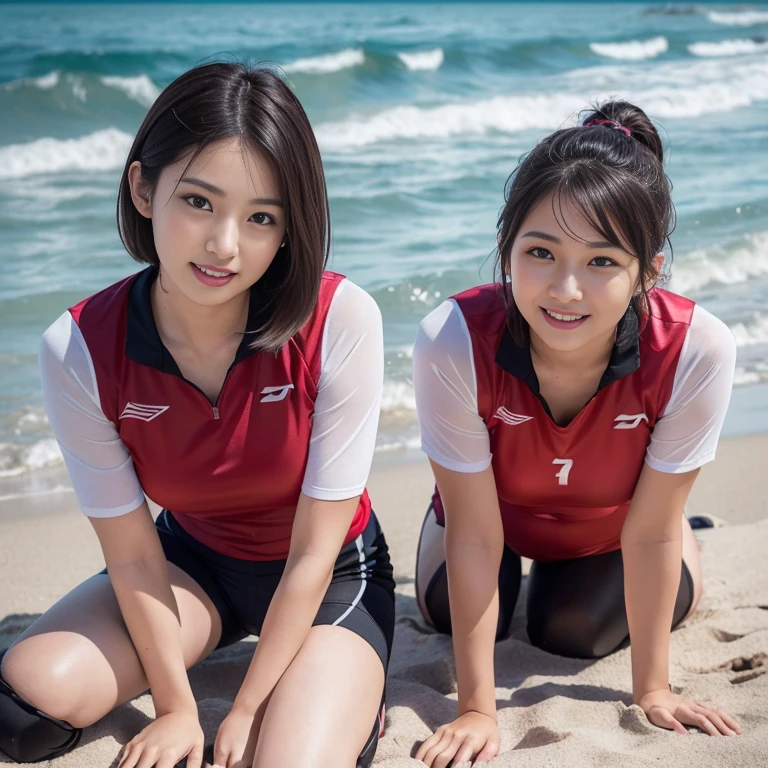 (2 beautiful Korean women volunteers, age 28, wearing White Tight Lightweight Synthetic Korea Volleyball Jersey, Red Spandex Shorts, Ankle Braces and Knee Pads, Collecting Ocean Debris, Early Dawn On The Beach, thoughtful expressions, kind smile, dimpled chins, cute snaggle-tooth, short hair ponytail, symmetrical face, beautiful detailed face, beautiful detailed eyes, perfect body proportions, ample round bosoms, photorealistic, hyper-realism, high contrast, ultra HD, realistic skin textures, top image quality, top-quality, super high resolution, fine details, very meticulously, masterpiece, head to knees, High Angle Shot, bokeh background) #WorldOceansDay