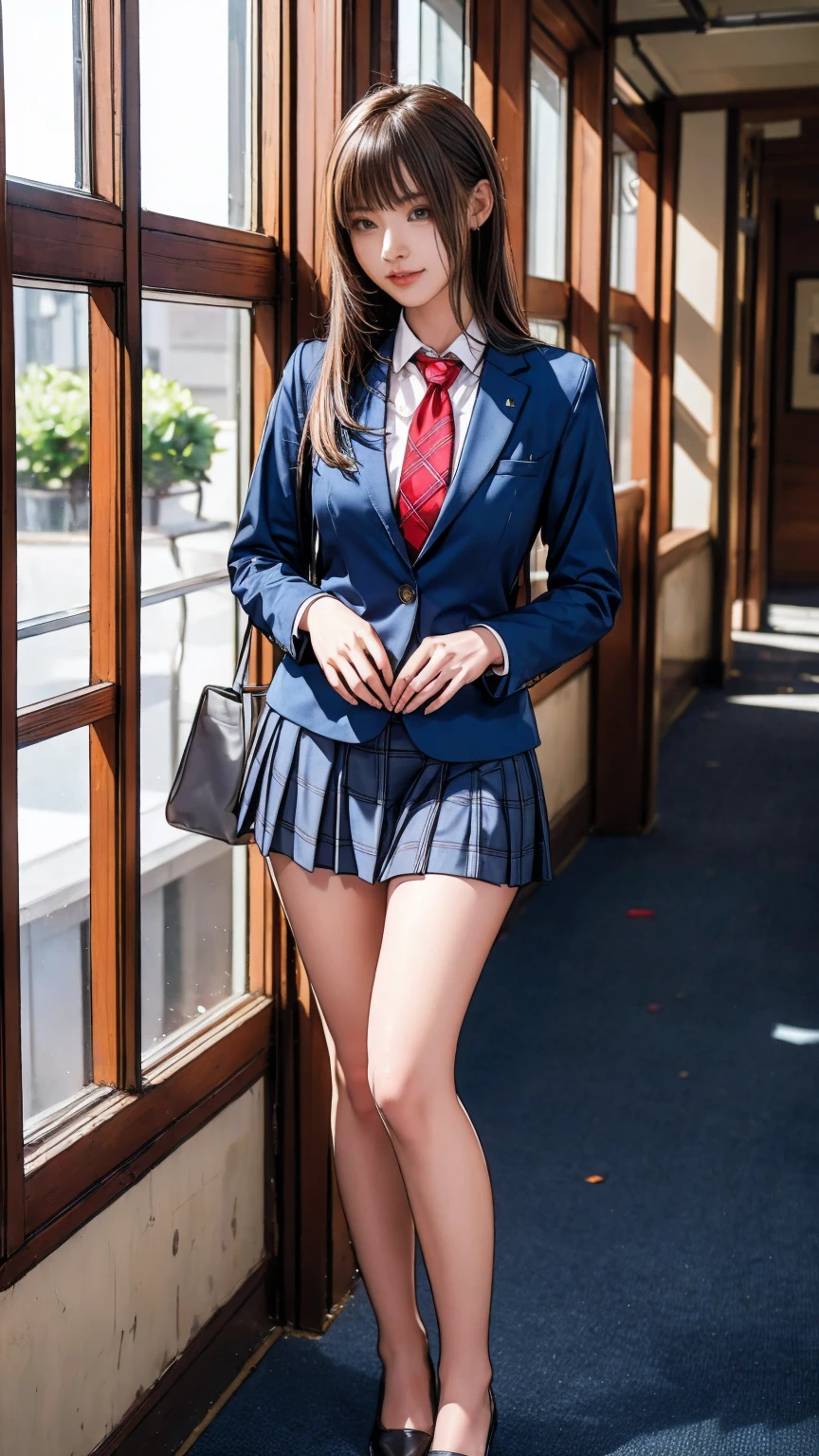 ((masterpiece)),(((Highest quality))),Thin thighs,Long legs,Girl standing in school corridor,Red Tie Uniform,Dark Blue Blazer,Blue plaid skirt,18-year-old,bangs,A small smile,Random Pause,pretty girl,Slender girl,セクシーRandom Pause:1.2