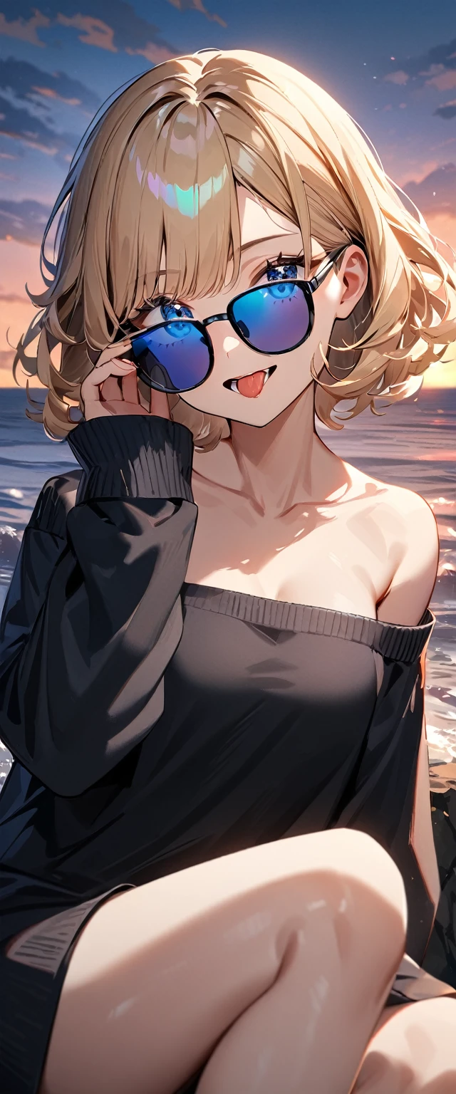 (((One girl))), (((portrait, face))), ((outward curled hair)), from side:1.3, sea, beach, evening, Sunset, ((Sitting on a cliff)), (((Bare legs))), wavy hair, blond hair, open mouth, tongue out, ((sunglasses, hand to sunglasses)), (bob cut:1.3)), breasts, standard body, (looking at viewer), oversized clothes, puffy long sleeves, collarbone, ((off-shoulder sweater dress:1.3, Quite thick shoulder straps)), (((sleeves past wrists:1.3))), ((black sweater)), teenager, head tilt:1.3, (((blue eye))), ((happy smile)), (((anime style))), (best quality, 4K, 8K, highres, masterpiece:1.2, ultra-detailed, ultra-detailed eyes, HDR, uhd, studio lighting, ultra-fine painting, sharp focus, physically-based rendering, extreme detail description, professional, vivid colors, bokeh), ((Highest quality, Best image quality, Ultra-high resolution, Ultra-high resolution, solo, Strong eye highlights)), Depth of written boundary, Natural soft light, attractive, Beautiful Face, Cleanliness, Pure Face, medium chest, Beautiful Face, Perfect Fingers, Perfect hands, Perfect body, Perfect Face, Shine a light into your eyes, Perfect Anatomy