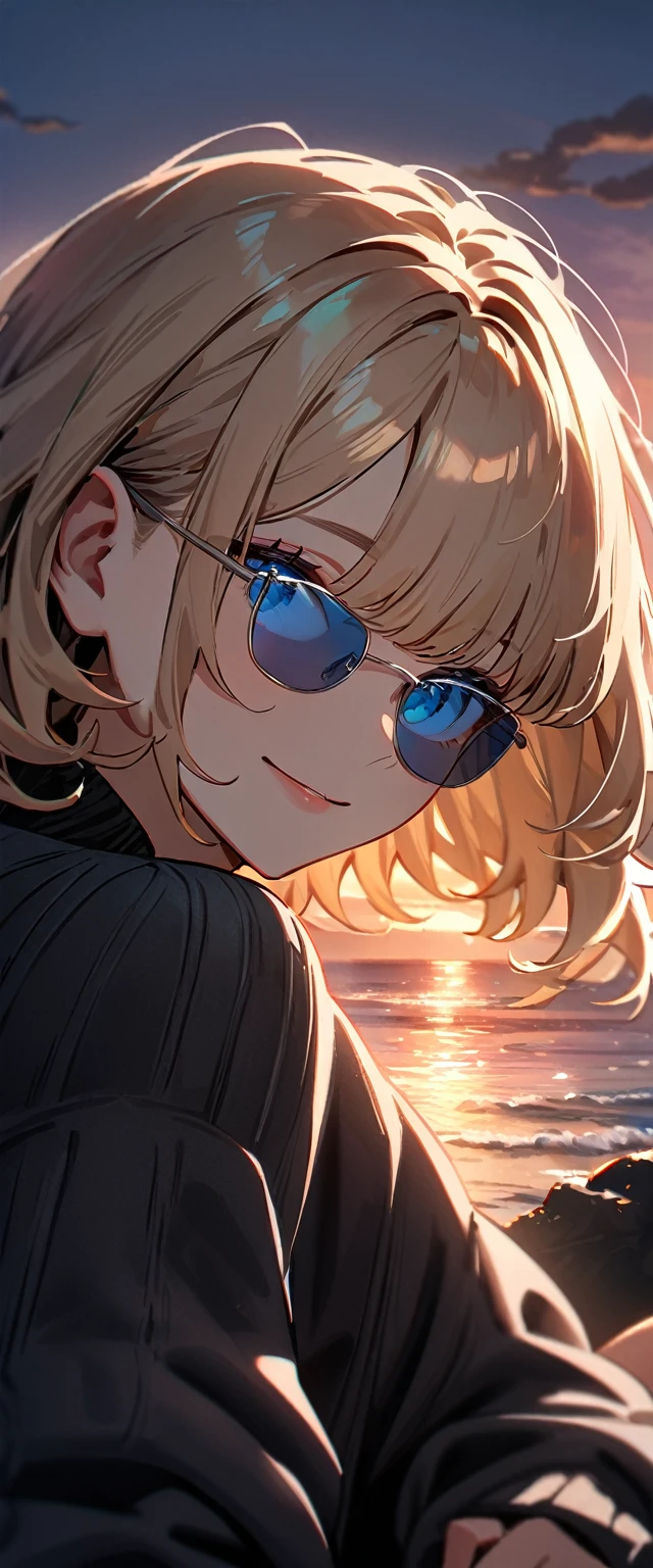 (((One girl))), (((portrait, face))), ((outward curled hair)), from side:1.3, sea, beach, Sunset, evening, ((Sitting on a cliff)), head tilt:1.3, ((aran sweater)), wavy hair, blond hair, ((sunglasses, hand to sunglasses)), (bob cut:1.3)), breasts, standard body, (looking at viewer), oversized clothes, puffy long sleeves, collarbone, ((off-shoulder sweater dress:1.3, Quite thick shoulder straps)), (((sleeves past wrists:1.3))), ((black sweater)), teenager, head tilt:1.3, (((blue eye))), ((happy smile)), (((anime style))), (best quality, 4K, 8K, highres, masterpiece:1.2, ultra-detailed, ultra-detailed eyes, HDR, uhd, studio lighting, ultra-fine painting, sharp focus, physically-based rendering, extreme detail description, professional, vivid colors, bokeh), ((Highest quality, Best image quality, Ultra-high resolution, Ultra-high resolution, solo, Strong eye highlights)), Depth of written boundary, Natural soft light, attractive, Beautiful Face, Cleanliness, Pure Face, Nedium chest, Beautiful Face, Perfect Fingers, Perfect hands, Perfect body, Perfect Face, Shine a light into your eyes, Perfect ???????
