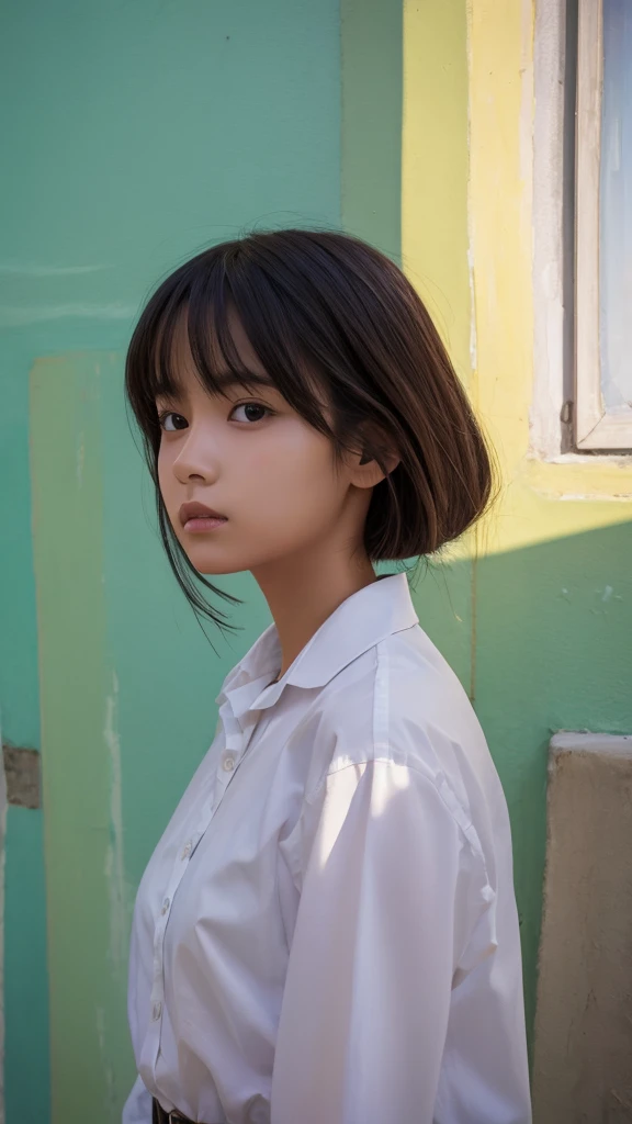paint,One girl,alone, sunlight, Collared shirt, Upper Body,