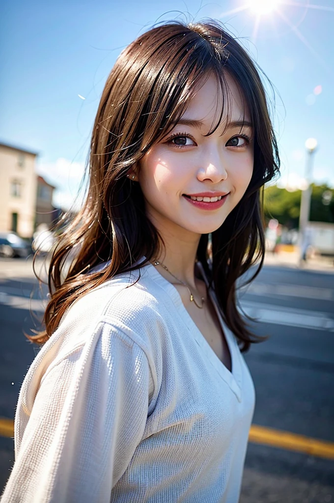 (8K, RAW Photos, Highest quality、masterpiece:1.2), (Realistic、Realistic:1.37), 1 girl, Laughter, View your audience, The background is blue sky, Blurred Background, Particles of light, Strong winds,