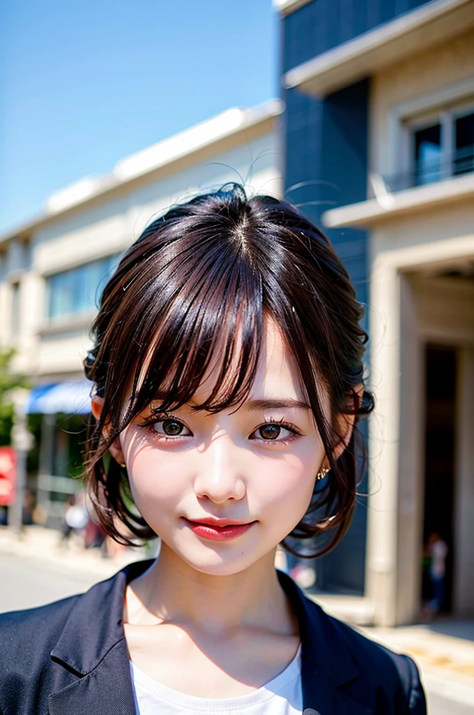 (8K, RAW Photos, Highest quality、masterpiece:1.2), (Realistic、Realistic:1.37), 1 girl, Laughter, View your audience, The background is blue sky, Blurred Background, Particles of light, Strong winds,