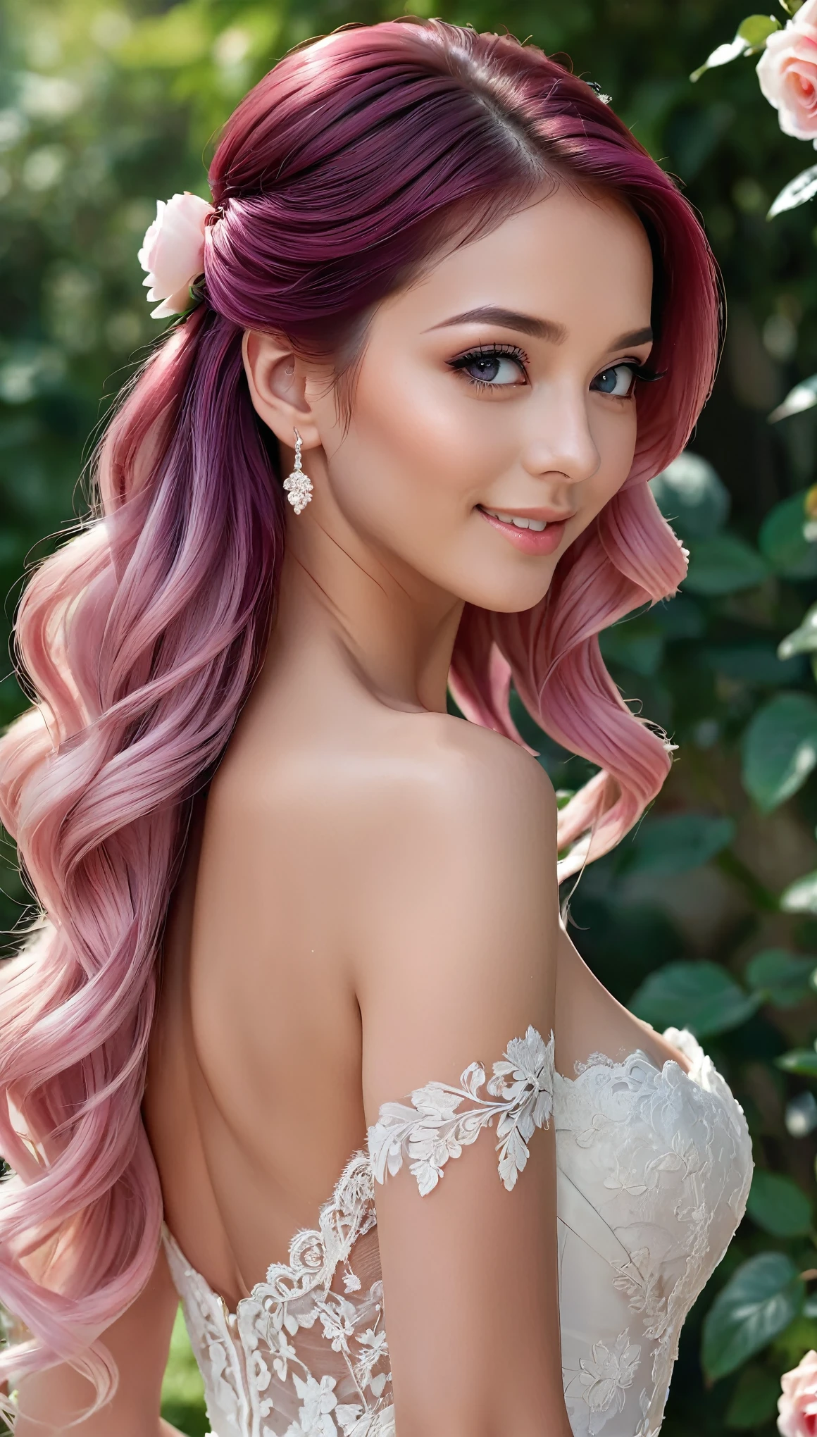 (masterpiece, best quality, beautiful and aesthetic:1.3), side view, look back, 1 girl, Happy,  smirk,  (Claret hair Gradient pink hair:1.6), Absurdly long hair, half updo half up half down, wavy end, shiny hair, Flowing hair, (glowing purple eyes), Exquisite eyes, Aqua eyes, Super high detail eyes, long upper eyelashes, cosmetic, focus on face, Very rich facial details, Pretty Face, Perfect breasts, Hot body, (The skin texture is delicate:1.2), white Wedding dress, Lace-trimmed dress, transparent, Wedding dress, outdoor, White Rose, garden, morning, Everlasting, Very detailed, 