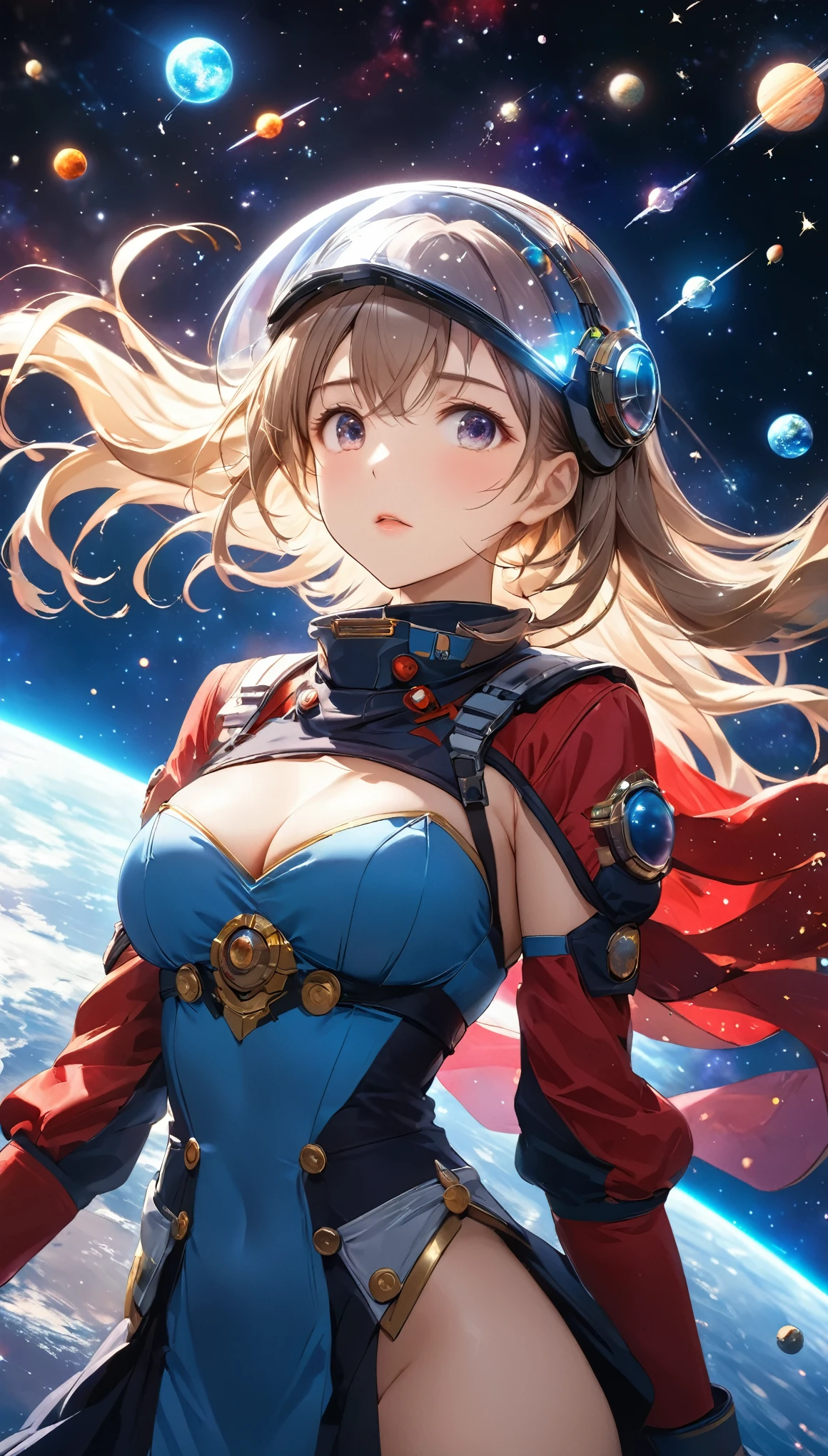 Highest quality, Highest quality, 16K, Unbelievably absurd, Very detailed, 2.5D, delicate and dynamic, universe, planet, war, universe戦艦ヤマト, 鮮やかな色のplanet, Tiny faint lights and colorful meteors, space ships, universeステーション, Very delicate facial expressions, Delicate eye depiction, Upper body close-up,, erotic, dynamic sexy poses, Only sexy women, Healthy body shape, 22-year-old woman, Commander, Height: 170cm, Large, firm, swaying bust, Clear glass helmet, universe戦艦ヤマト船員のuniverse服, gun, 複雑な構造のuniverse服, カラフルなuniverse服, Movie battle scenes, Take command in the control room