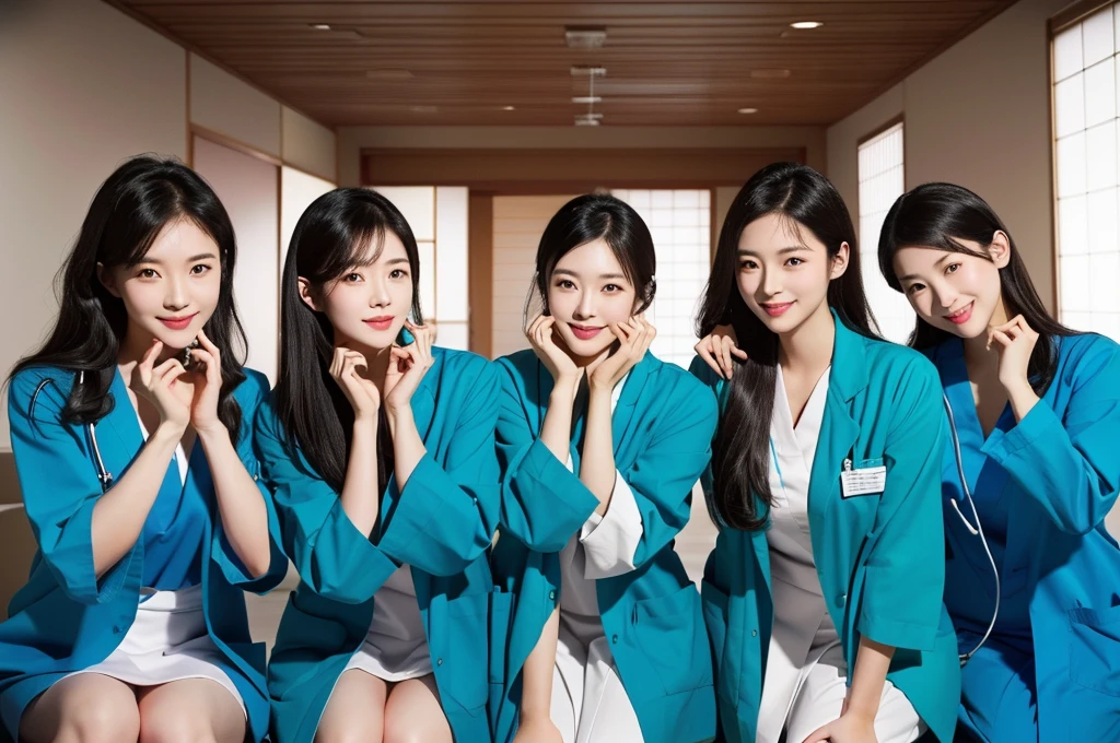 fullbody shot, 5girls, , smiling, beautiful Japanese female doctor wearing labcoat and teal scrubs , beautiful detailed face, Japanese woman, black hair, pale skin, realistic skin, detailed cloth texture, detailed hair texture, Perfect proportion, Beautiful Face, accurate, Anatomically correct, Highly detailed face and skin texture , looking at viewer , modern hospital building