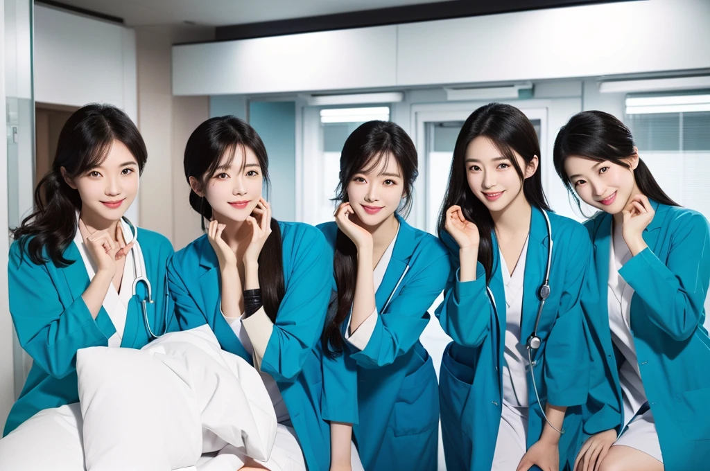 fullbody shot, 5girls, , smiling, beautiful Japanese female doctor wearing labcoat and teal scrubs , beautiful detailed face, Japanese woman, black hair, pale skin, realistic skin, detailed cloth texture, detailed hair texture, Perfect proportion, Beautiful Face, accurate, Anatomically correct, Highly detailed face and skin texture , looking at viewer , modern hospital building