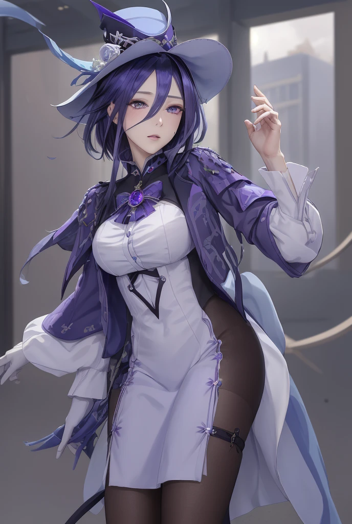 (masterpiece, best quality:1.3),clorinde, 1girl, ,hat, purple eyes, blue hair, jewelry, white gloves, dress,, purple hair, (hair over one eye:0.6),gun, closed mouth, blue headwear, bangs, sex pose, ,(profile:0.8), shy, , messy hair, sexy eyes, elder sister,