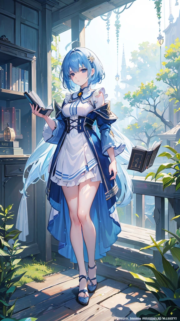 (full body:1.3), best quality, masterpiece, ultra detailed, detailed, hyper detailed, White background, Beautiful standing figure, (Blue Hair Anime Girl,Treehouse,Reading a book,Soft night light),(figure),Detailed Background,High resolution, High resolution, Vibrant colors, Serene atmosphere