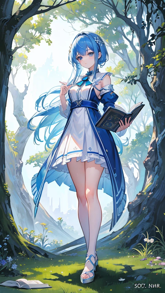 (full body:1.3), best quality, masterpiece, ultra detailed, detailed, hyper detailed, White background, Beautiful standing figure, (Blue Hair Anime Girl,Treehouse,Reading a book,Soft night light),(figure),Detailed Background,High resolution, High resolution, Vibrant colors, Serene atmosphere