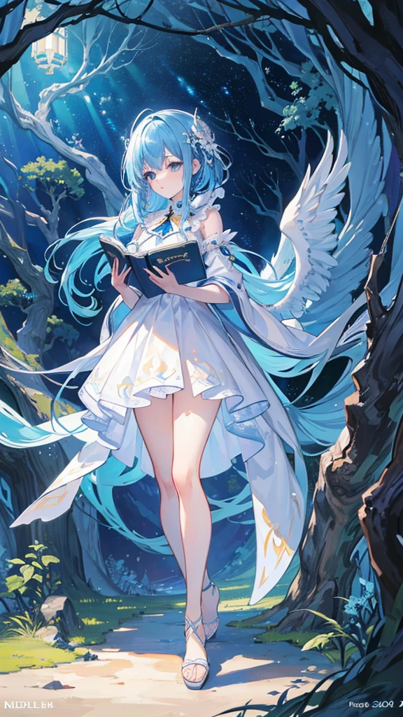 (full body:1.3), best quality, masterpiece, ultra detailed, detailed, hyper detailed, White background, Beautiful standing figure, (Blue Hair Anime Girl,Treehouse,Reading a book,Soft night light),(figure),Detailed Background,High resolution, High resolution, Vibrant colors, Serene atmosphere