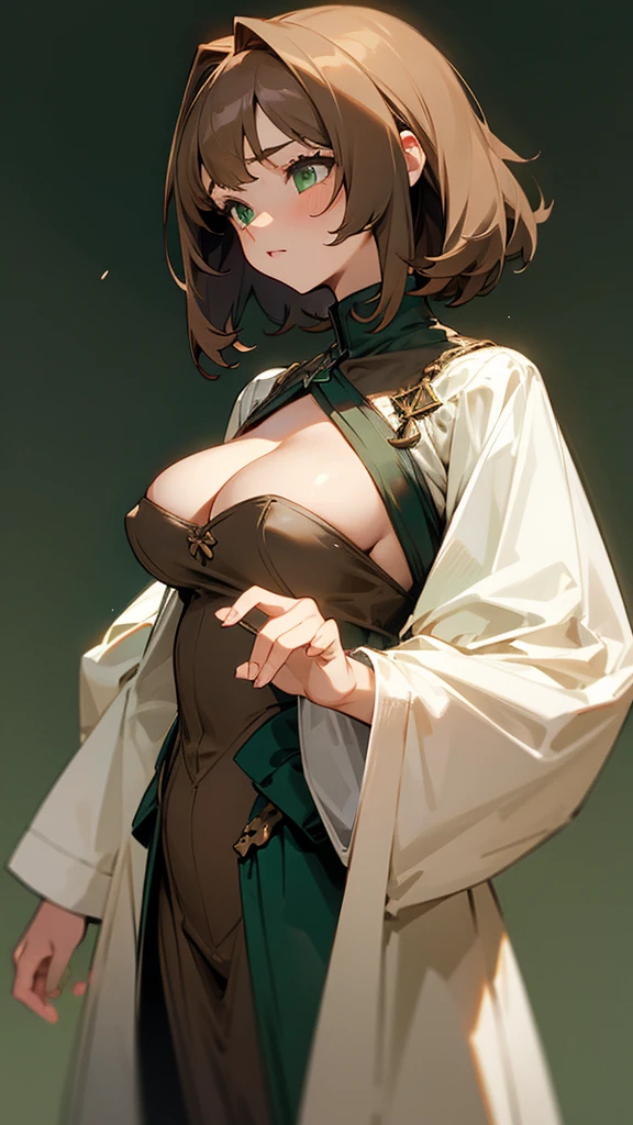 A girl with short fluffy light brown hair, dark green eyes, big breasts, pretty clothes and little uncovered