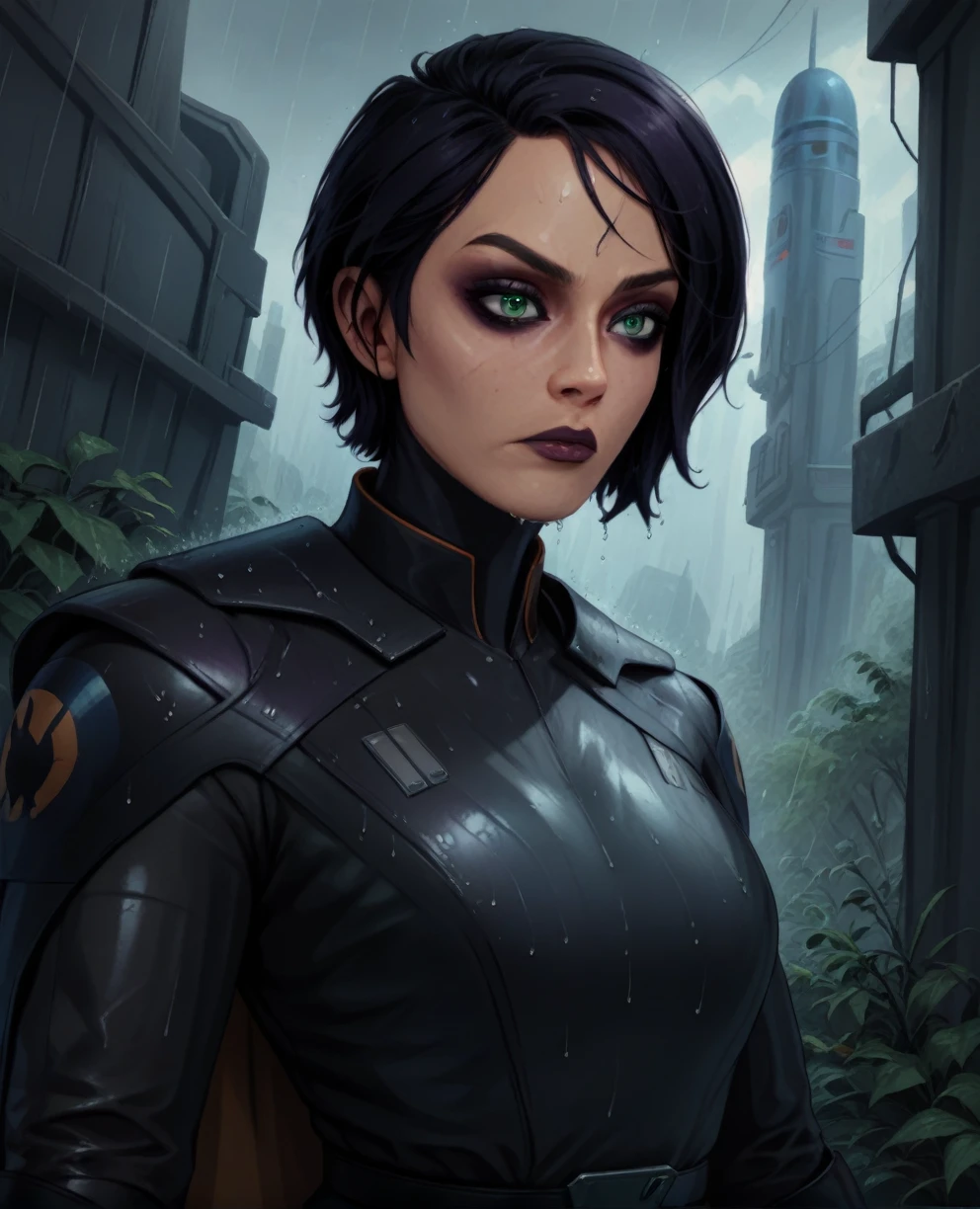 score_9,score_8_up,score_7_up,score_6_up, sabine wren ,green eyes,black hair, upper body, wet, armor,gloves,black bodysuit,black cape,belt,rain, science fiction,sith base, star wars, outdoors, rain, solo,fflixbag wearing armor sabine wren
