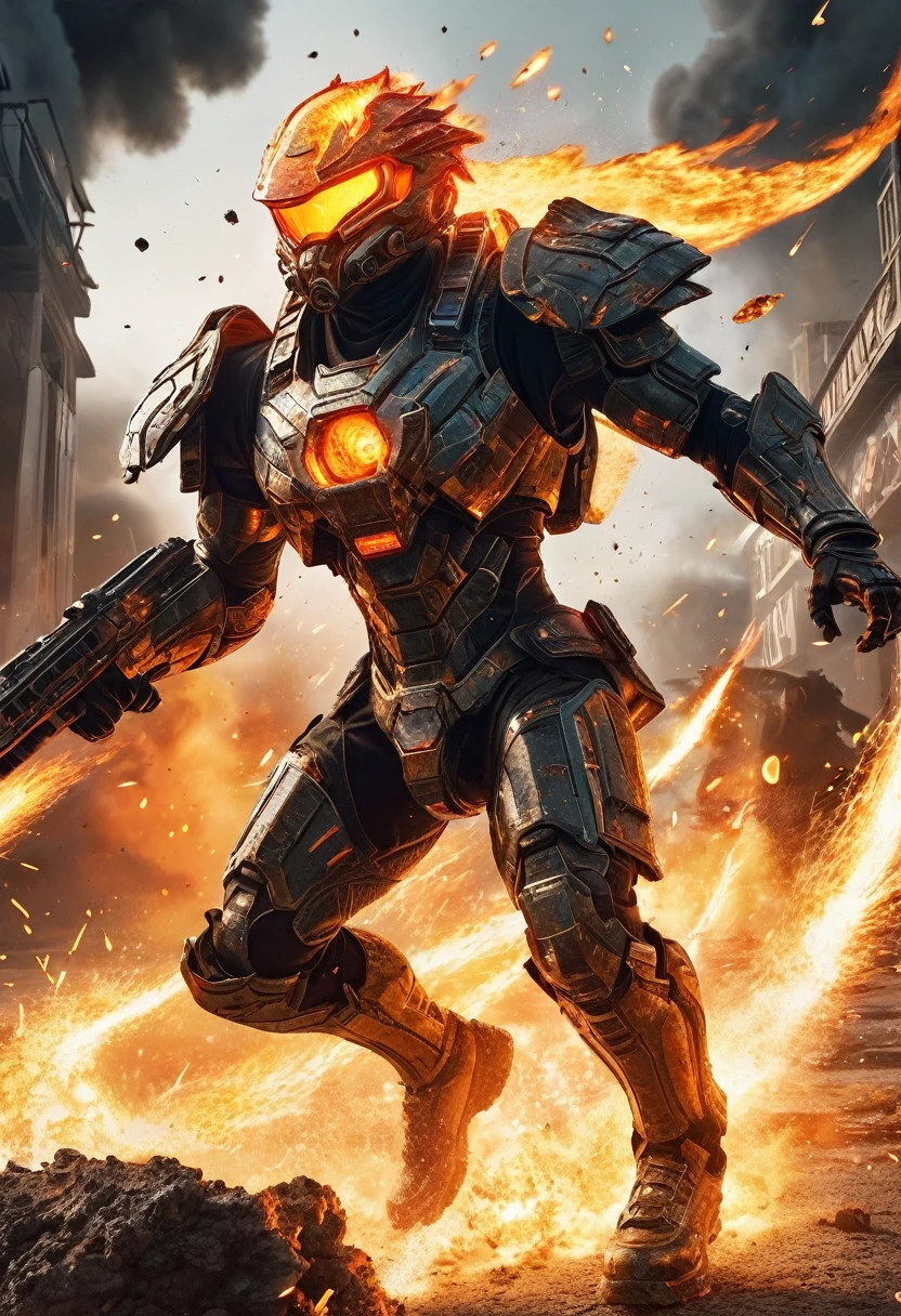 A futuristic battlefield erupts in flames as a fierce warrior unleashes a powerful fireball, their agile movements leaving a trail of destruction in their wake