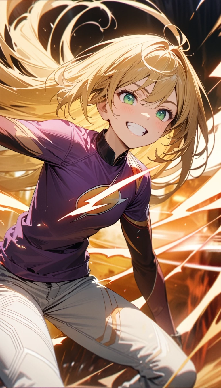 Young boy, very long blonde hair, green eyes, smile, purple T-Shirt, The Flash print, tight white pants, silver elements, Speed force, super speed, Monkey King, Masterpiece, best quality, Full HD, 8k, ultra details, great graphic