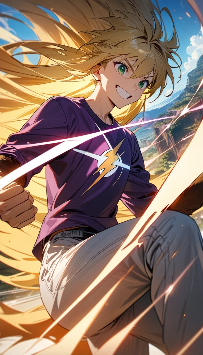 Young boy, very long blonde hair, green eyes, smile, purple T-Shirt, The Flash print, tight white pants, silver elements, Speed force, super speed, Monkey King, Masterpiece, best quality, Full HD, 8k, ultra details, great graphic
