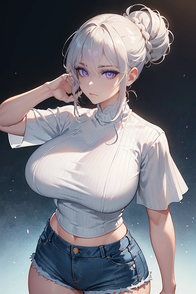 (Uhd, Masterpiece, Textured Skin, Super Detail, High Details, High Quality, Best Quality), Detailed Face, 1woman, mature pretty woman, (Huge Body:1.5), (Silver hair tied in a bun, long hair), (Short white top shirt, Denim shorts), standing, six pack, (Dynamic lighting:1.5, very high quality)