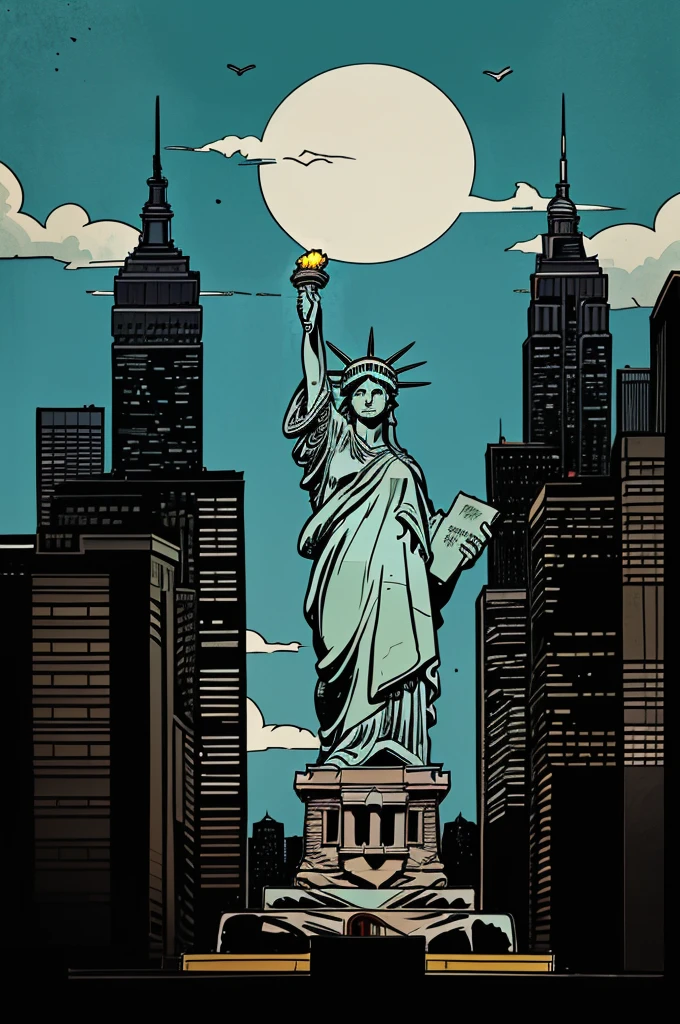 illustration, statue of liberty and city sky line, ultra detailed, vector style, photo realistic