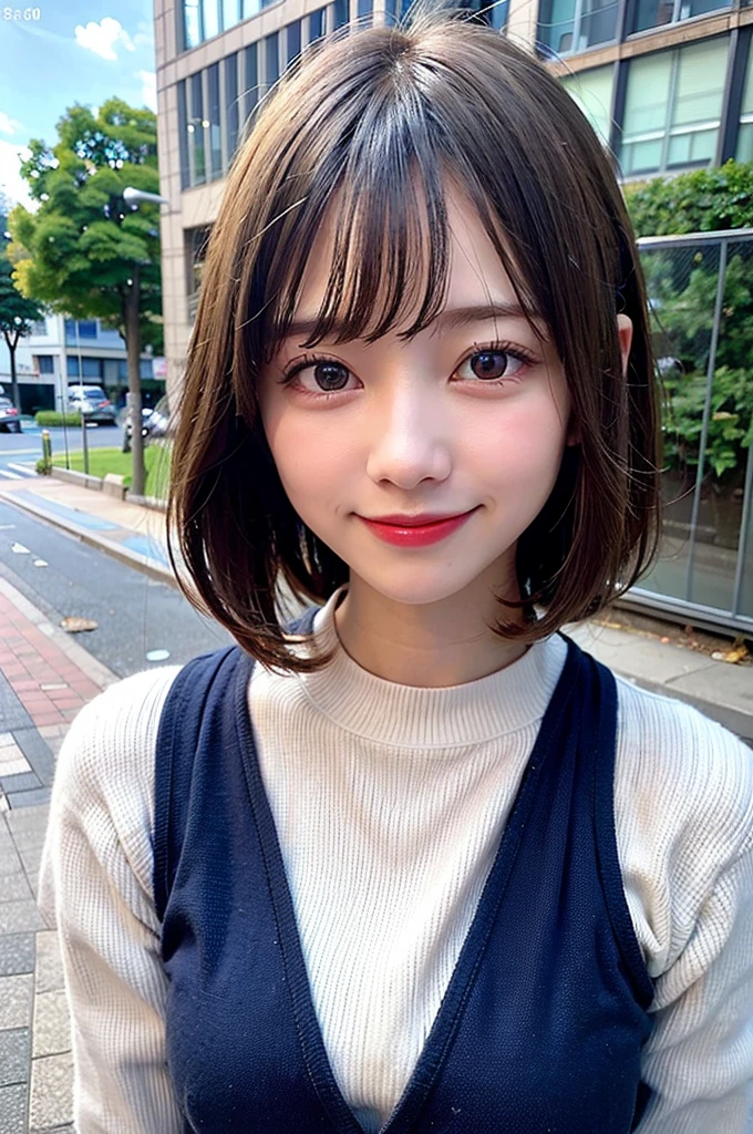 (8K, Raw photo:1.2), Detailed face and eyes,Best Quality, 超A high resolution, Highly detailed ,intricate detailes ,masutepiece ,Cute Girl , smiling, Soft cinematic light, Hyper-detailing,Sharp Focus, High quality, Blonde hair, bob cuts, The background is blue sky, Blurred Background, Particles of light, Strong winds,