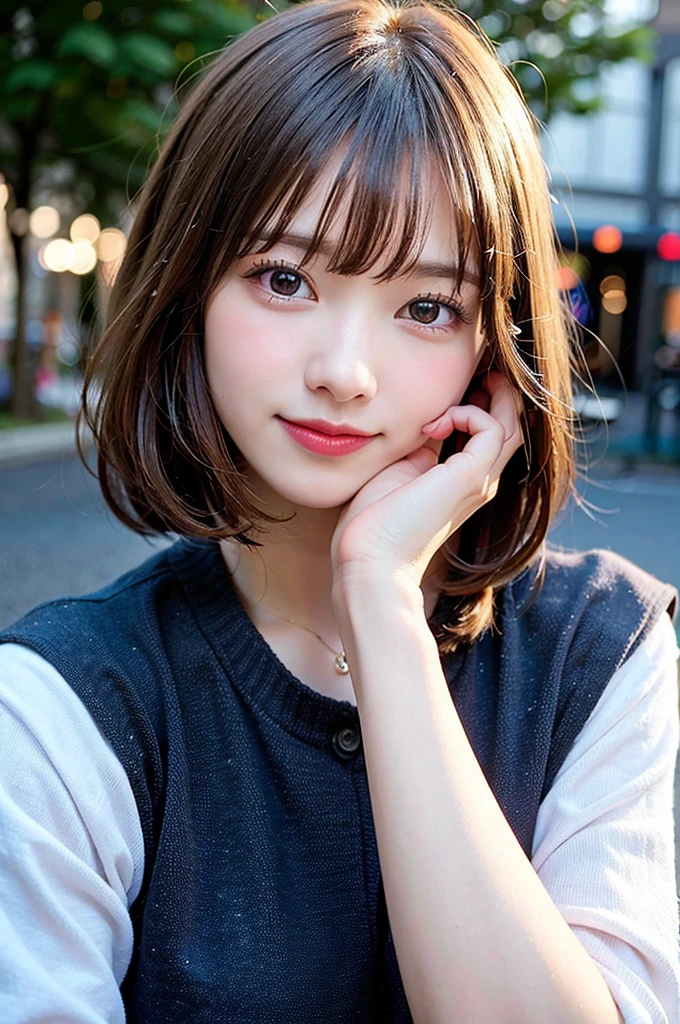 (8K, Raw photo:1.2), Detailed face and eyes,Best Quality, 超A high resolution, Highly detailed ,intricate detailes ,masutepiece ,Cute Girl , smiling, Soft cinematic light, Hyper-detailing,Sharp Focus, High quality, Blonde hair, bob cuts, The background is blue sky, Blurred Background, Particles of light, Strong winds,