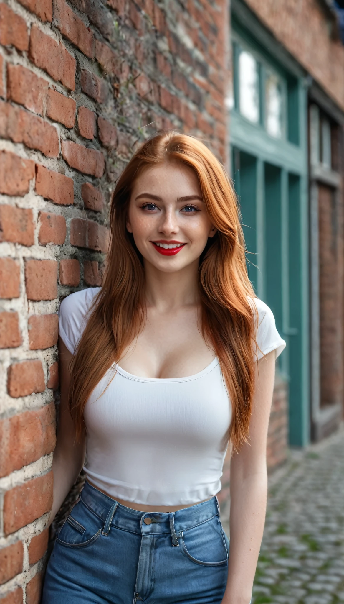 hyperrealistic beautiful busty 19-year-old woman with long legs wearing casual summer outfit, model shooting full body photography, natural redhead very long straight hair, freckles, soaky wet skin, dark eye makeup with eyeliner, seductive smile, red lips, 8K, Best quality, Meisterwerk, ultra high resolution, (Realismus: 1.4), Originalfoto, (realistische Hautstruktur: 1.3), (Filmkorn: 1.3), (Selfie-Winkel), 1 girl, Beautiful round hazel eyes and facial details, Meisterwerk, Best quality, outdoor photography in front of an old brickwall, nsfw
