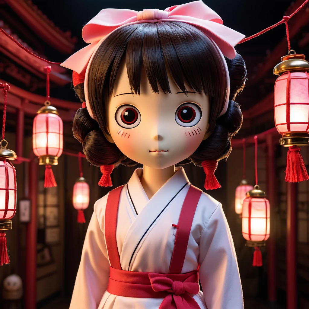 (knitted toy voodoo doll:1.7), (voodoo doll in the image of Chihiro Ogino from Spirited Away:1.3), (clothing: pink work uniform with white apron and red bow:1.0), (accessories: enchanted bath token that emits a soft glow, floating soot perfume:1.1), (background: mystical bathhouse with lanterns, ornate architecture and otherworldly atmosphere:1.2), best quality, masterpiece, detailed soft oil painting, detailed background, dramatic cinematic lighting, soft edge lighting, professional, dramatic lighting, hard edge lighting, ultra quality, 4k, masterpiece, best quality, 8k, ultra high definition, high resolution, extremely detailed