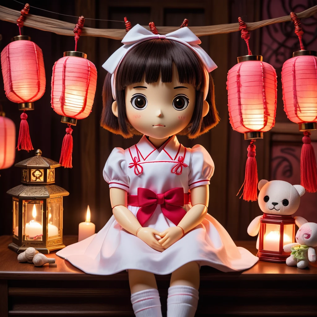 (knitted toy voodoo doll:1.7), (voodoo doll in the image of Chihiro Ogino from Spirited Away:1.3), (clothing: pink work uniform with white apron and red bow:1.0), (accessories: enchanted bath token that emits a soft glow, floating soot perfume:1.1), (background: mystical bathhouse with lanterns, ornate architecture and otherworldly atmosphere:1.2), best quality, masterpiece, detailed soft oil painting, detailed background, dramatic cinematic lighting, soft edge lighting, professional, dramatic lighting, hard edge lighting, ultra quality, 4k, masterpiece, best quality, 8k, ultra high definition, high resolution, extremely detailed