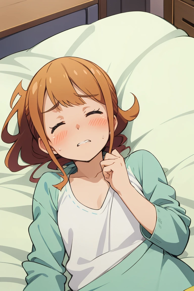 Megumi Jinno,In his bedroom, lying on the bed face up,touching,embarrassed face, blush on his face,sleepwear, semi naked.