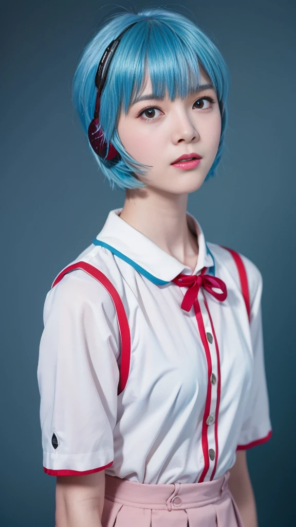 (Highest quality, High resolution, Tabletop:1.2), One Girl, ayanamirei, Bobcut, uniform,high school girl、 Upper Body View、Interface Headset, background, Light blue hair color, Expressionless, Apply blush all over the face, Embarrassing, View your viewers