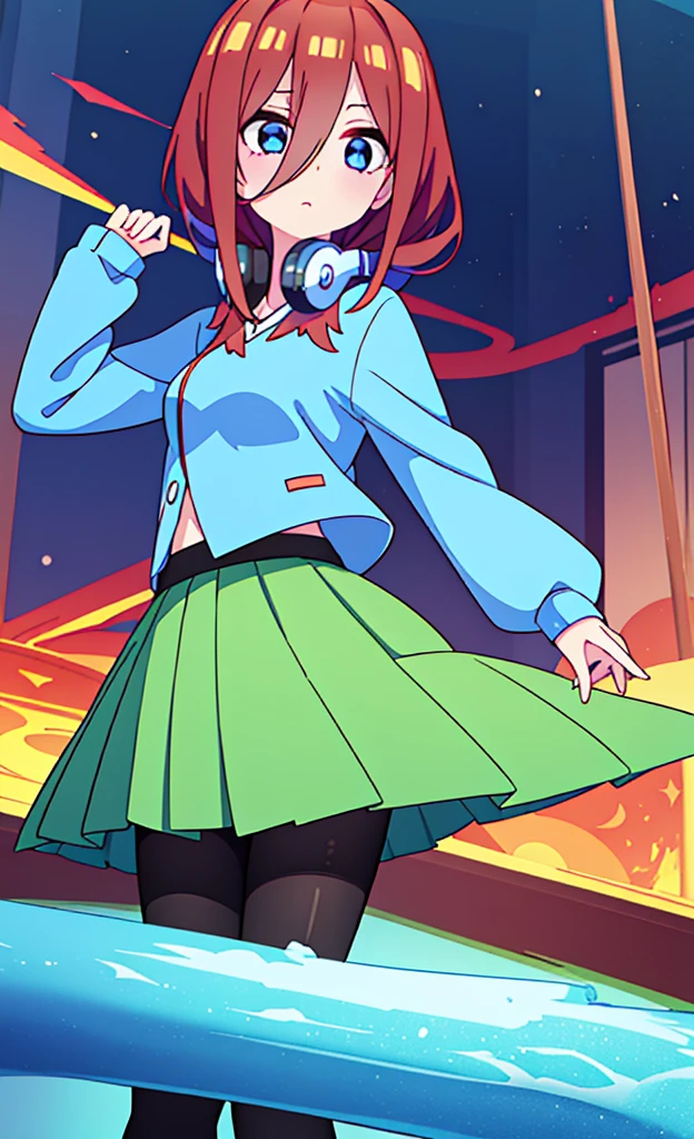 masterpiece,Highest quality,1 Girl,alone,Pokémon-like art style,(bold:1.6),(flat:1.5), miku nakano, Long Hair, bangs, blue eyes, Brown Hair, shirt, Hair between the eyes, Headphones, Headphones AROUND NECK,
skirt, shirt, Long sleeve, WHITE shirt, Black Pantyhose, PLEATED skirt, Black Pantyhose, cardigan, GREEN skirt, light BLUE cardigan, whole body, Big Breasts