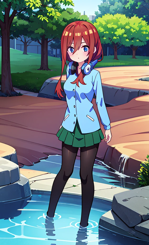masterpiece,Highest quality,1 Girl,alone,Pokémon-like art style,(bold:1.6),(flat:1.5), miku nakano, Long Hair, bangs, blue eyes, Brown Hair, shirt, Hair between the eyes, Headphones, Headphones AROUND NECK,
skirt, shirt, Long sleeve, WHITE shirt, Black Pantyhose, PLEATED skirt, Black Pantyhose, cardigan, GREEN skirt, light BLUE cardigan, whole body, Big Breasts