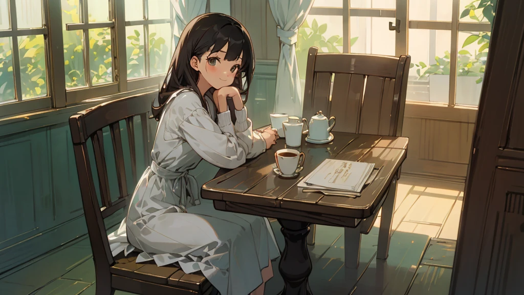 Stylish cafe、Anime Style、Freshly Brewed Coffee、Delicious looking baked goods、Relaxed atmosphere、Cozy atmosphere、Beautiful girl with dark hair sitting and drinking coffee、Wearing a white dress、smile、Warm Light、avert your eyes、Ghibli style