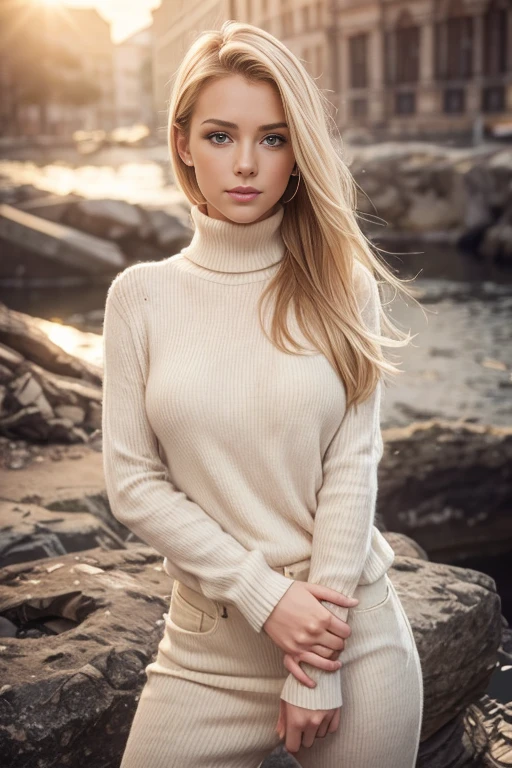 UHD, Masterpiece,
1 beautiful blonde woman,
23 years old, 
subtle smile, 
flirt with the camera,
she&#39;s a model, pose sexy, 
(European girl:1.2),
(beauty face:1.3),
(on a walk at dawn:1.3), turtleneck wool sweater, Skinny Jeans,
perfect body, 
perfect hands, 
perfect chest, 
perfect hair, Perfect eyes,
kodak gold, 
no mutation,