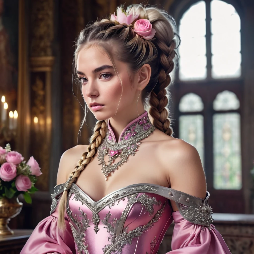 Woman, serious, warrior, armour, elegant, pink dress, aristocratic, silver elements, long nails, bare shoulders, hairstyle, hair up, braid and ponytail, messy, arrogant, absurd, detailed dress, royalty, celebration, hall decorated with flowers, cowboy shot, portrait, (best quality), (masterpiece), (highly detailed), (4k)