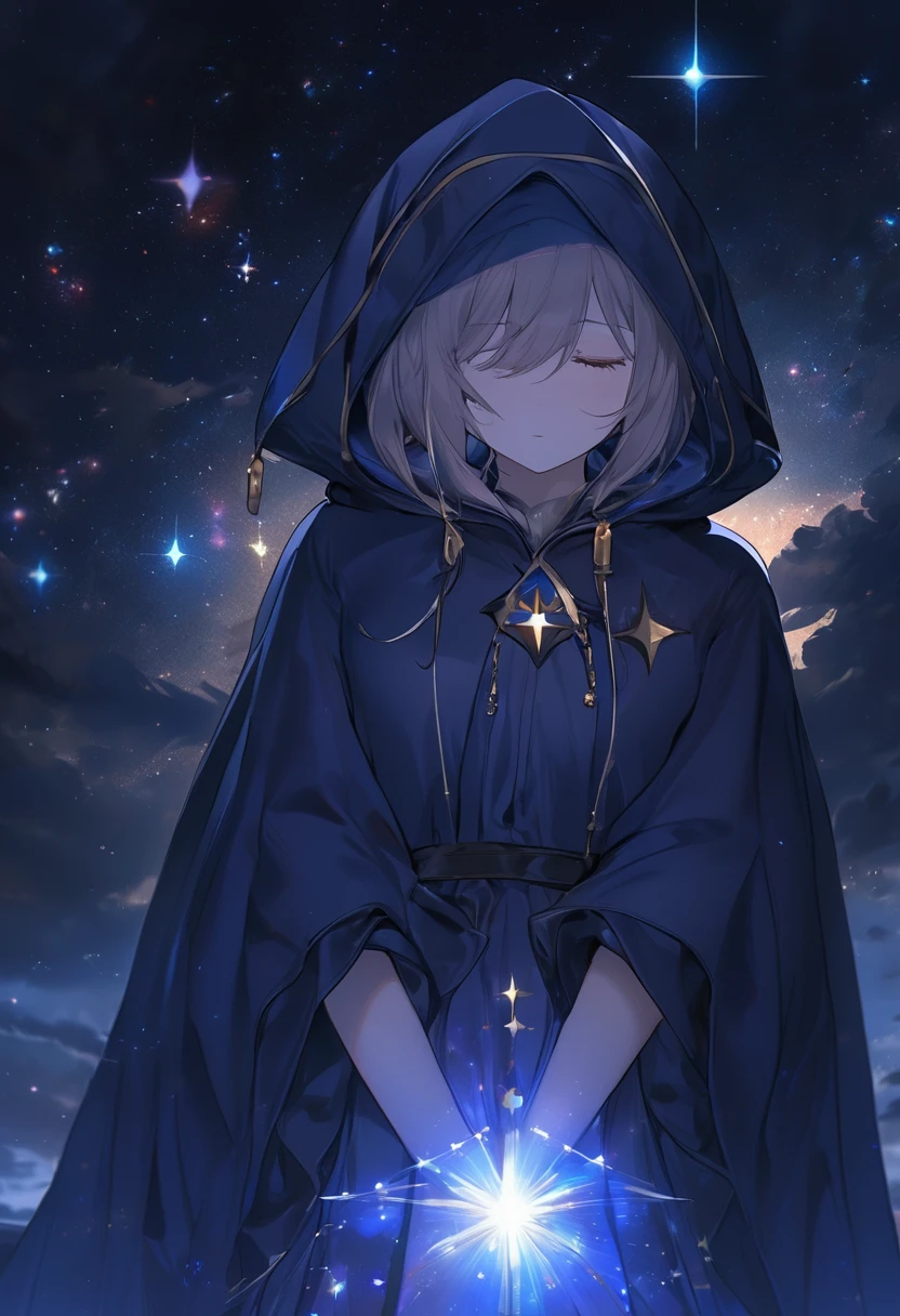  thinking , black mage robe , masterpiece , cloudly night full stars , mage robe , 1girl , soft light